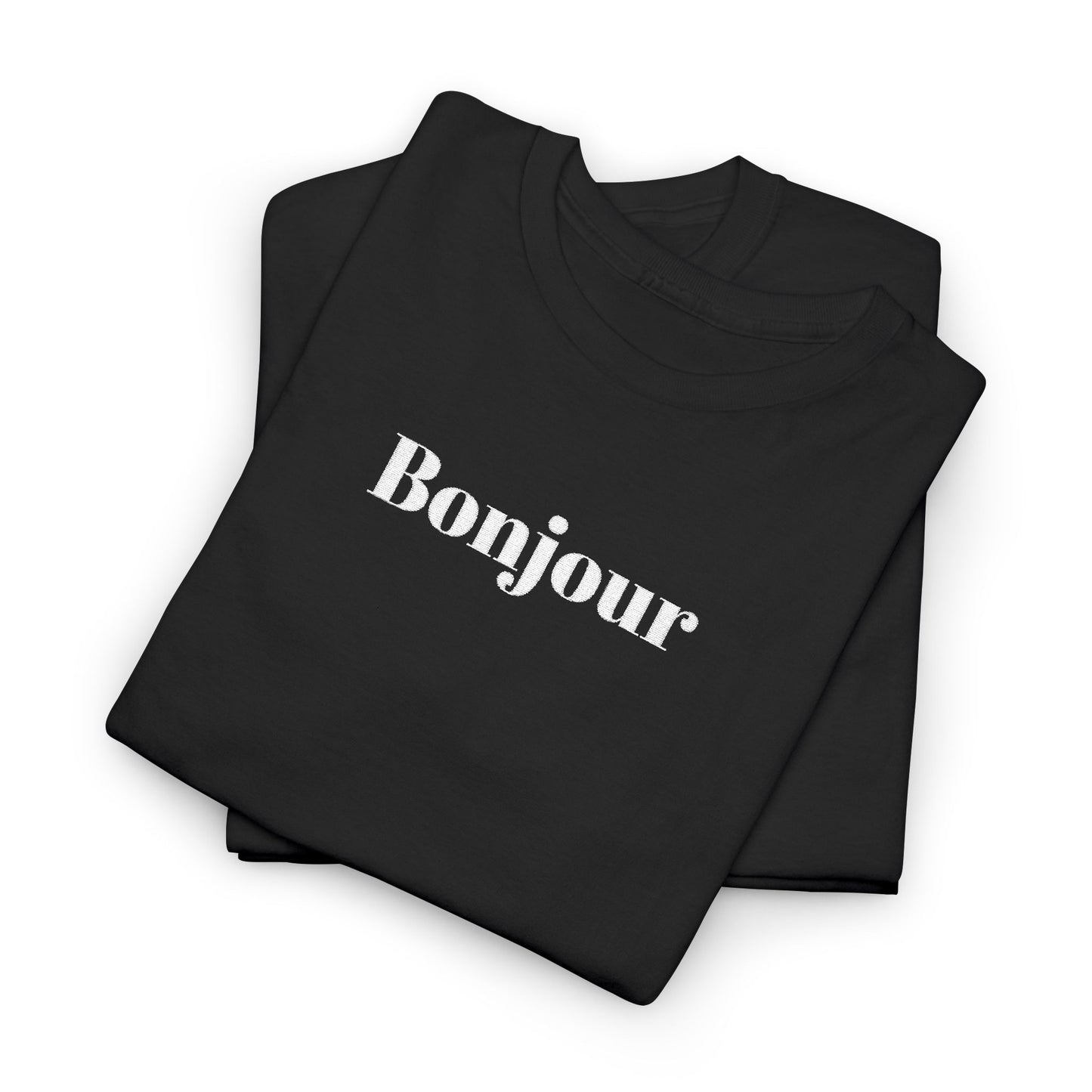 Bonjour - White Embroidery Unisex Cotton T-shirt