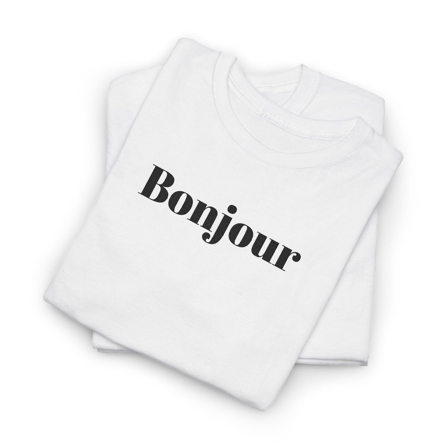 Bonjour - Black Embroidery Unisex Cotton T-shirt