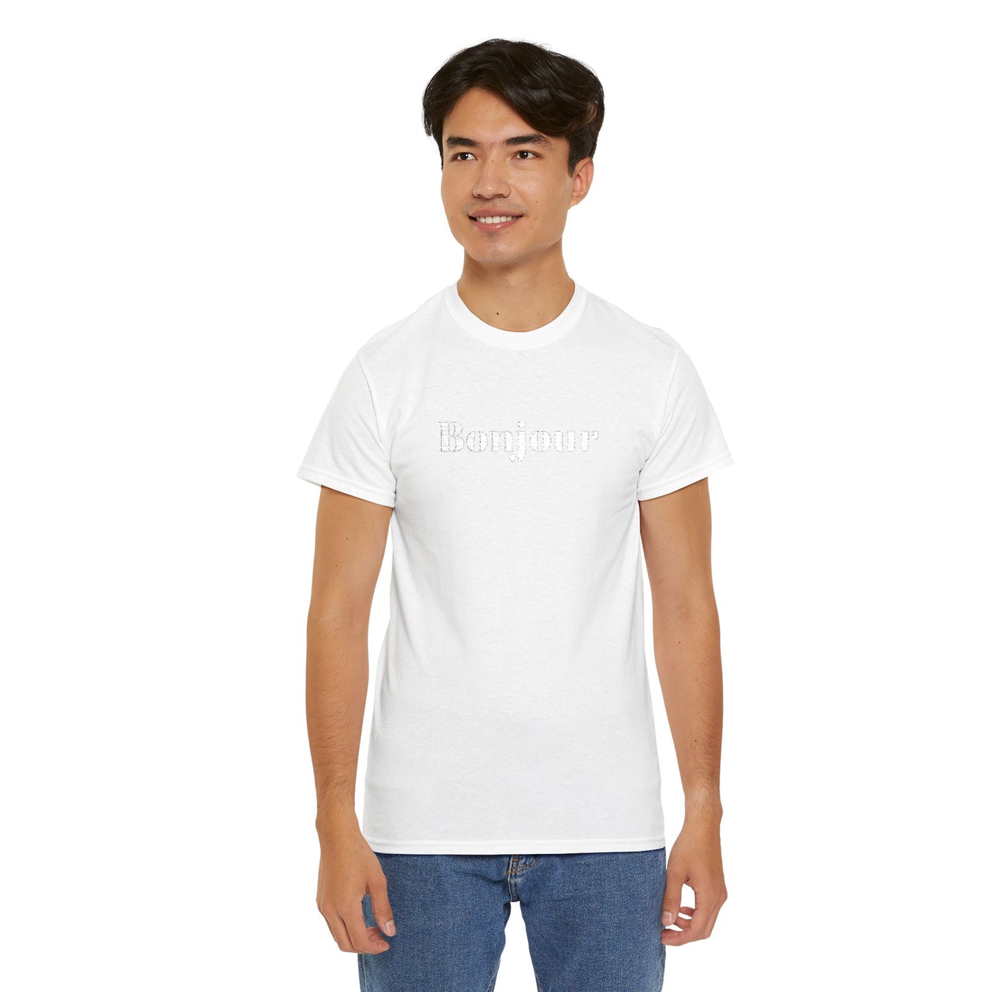 Bonjour - White Embroidery Unisex Cotton T-shirt