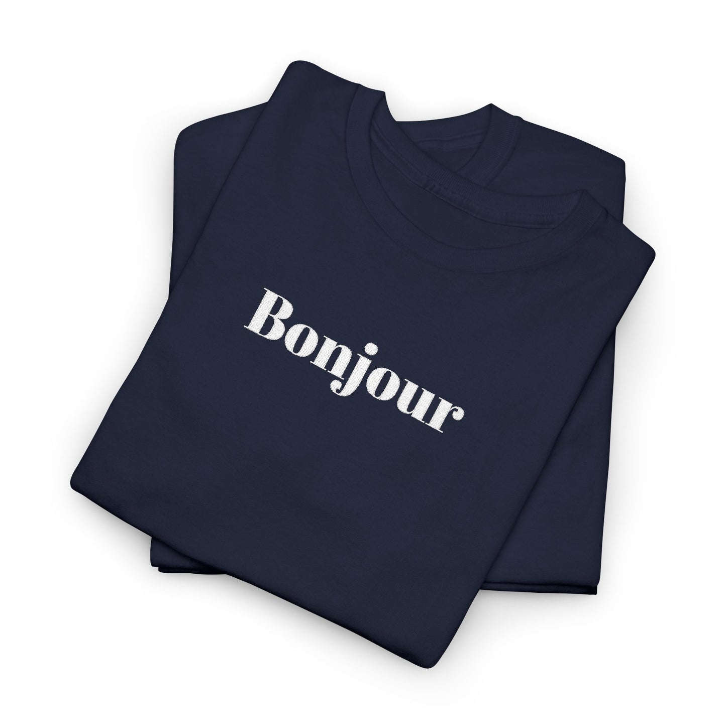 Bonjour - White Embroidery Unisex Cotton T-shirt